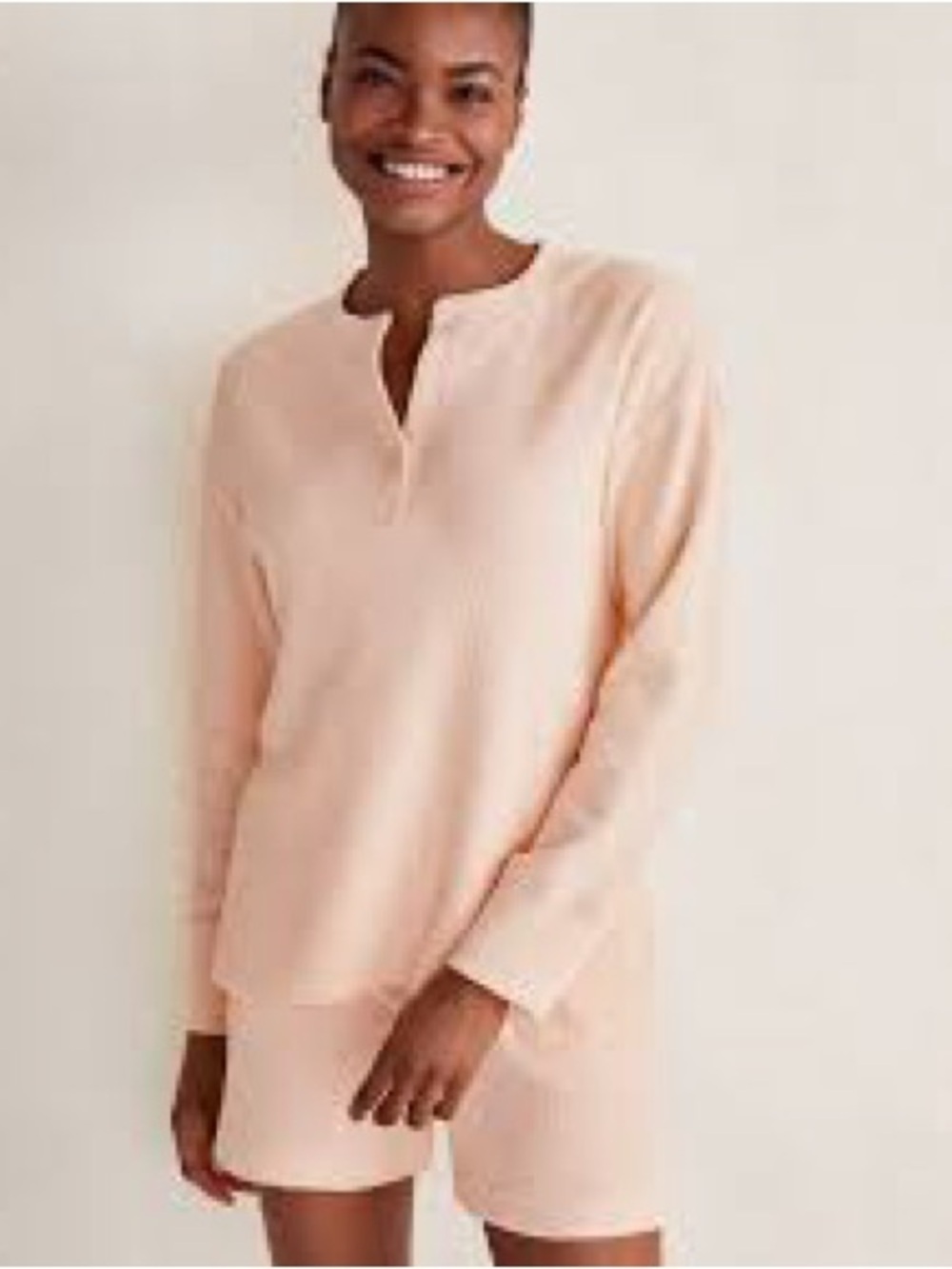Haven 💯 Cotton Long Sleeve Waffle Henley Tee in Light Peach - Women's Casual Top